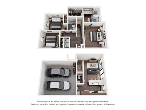 Floor plan for 3 beds, 2.5 baths, 1221 sqft